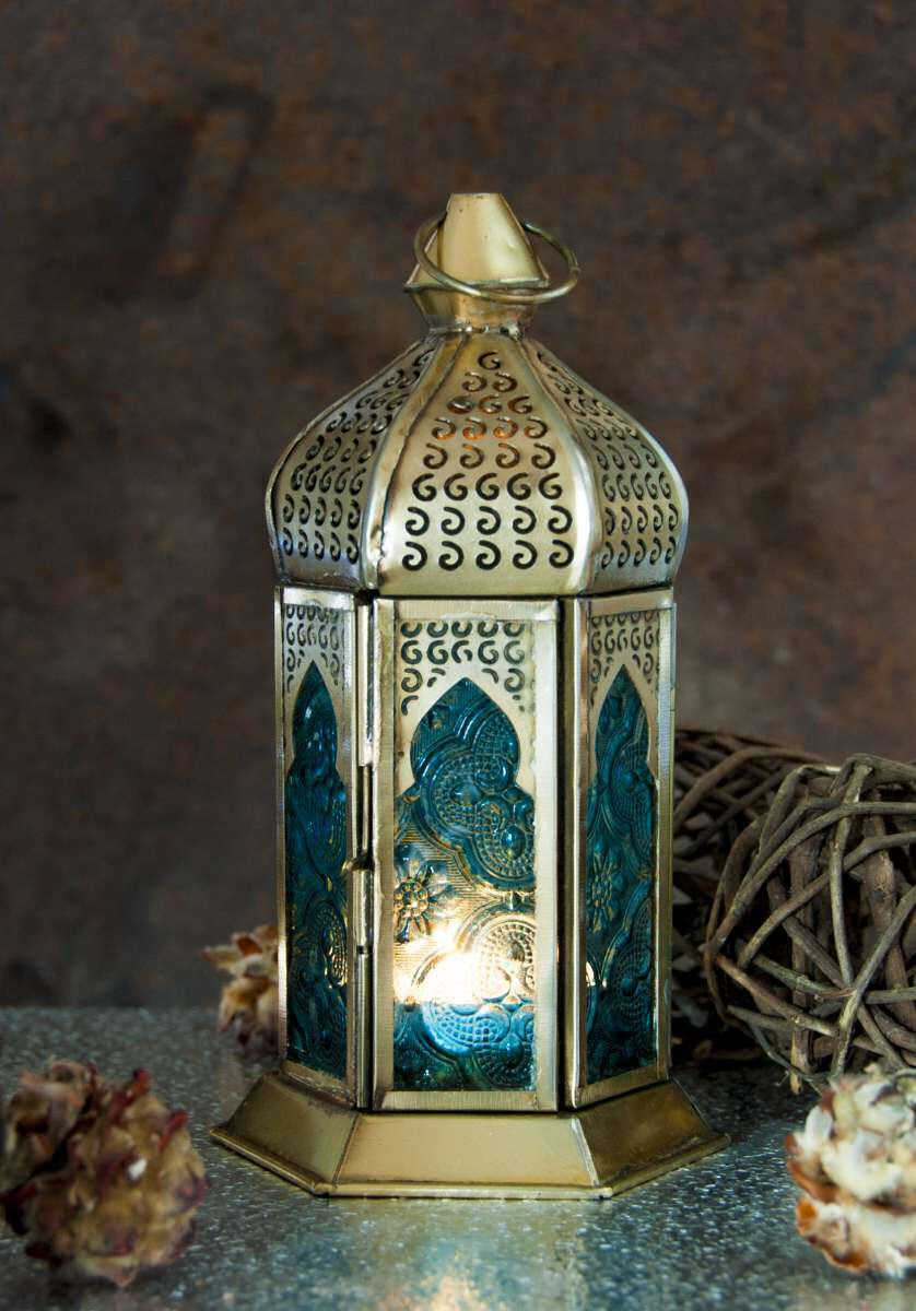 Blue Lantern Metal & Glass Candle Holder | Tea Light Oriental | Magical Moment