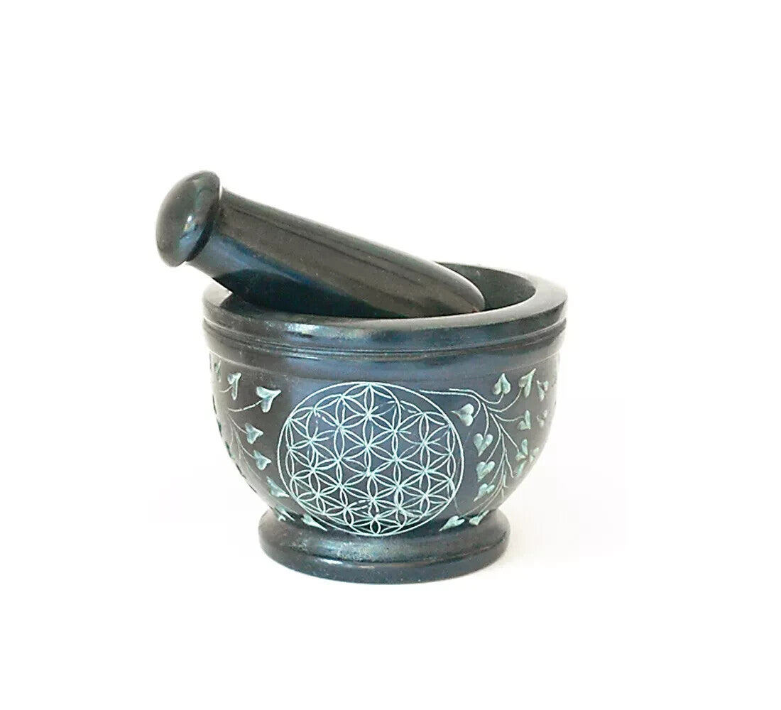 Mortar & Pestle Flower Of Life | Hand-Carved Soapstone Black & Gold Mortarium