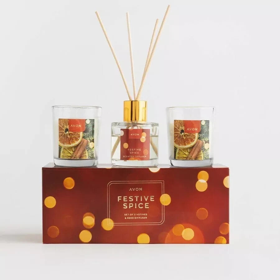 New AVON FESTIVE SPICE Reed Diffuser & Votives set