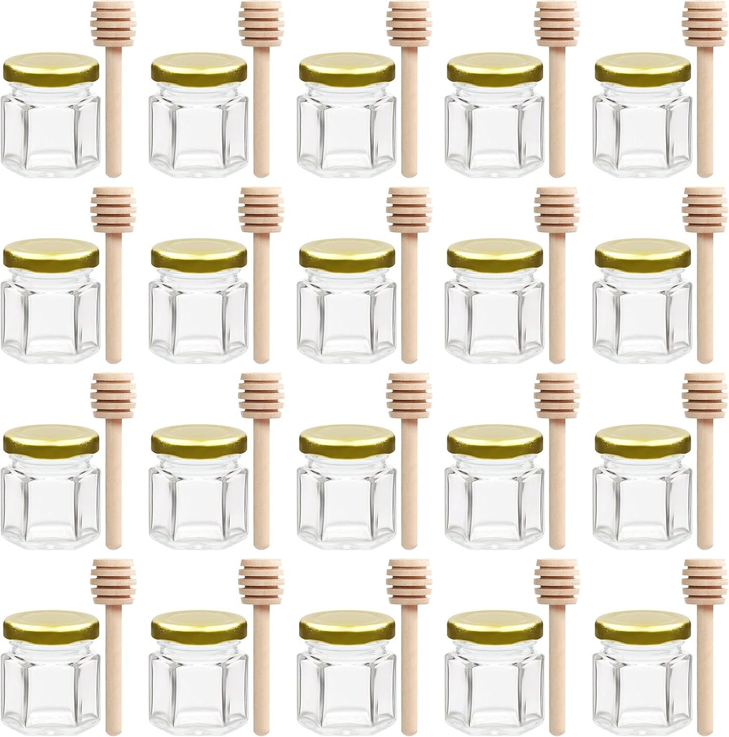 20 Pack Hexagonal Glass Honey Jars with Lid & Wooden Dipper 40ml/1.4oz Mini Pots