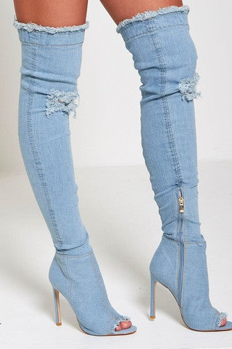 Envy Womens Ladies Distressed Denim Thigh High Boots Stilleto Peep Toe | New Box