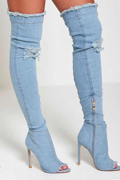 Envy Womens Ladies Distressed Denim Thigh High Boots Stilleto Peep Toe | New Box