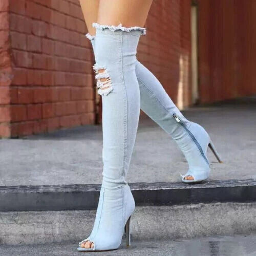 Envy Womens Ladies Distressed Denim Thigh High Boots Stilleto Peep Toe | New Box