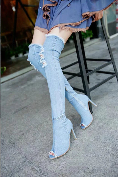 Envy Womens Ladies Distressed Denim Thigh High Boots Stilleto Peep Toe | New Box