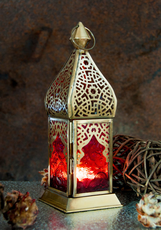 Red Lantern Metal & Glass Candle Holder | Tea Light Oriental | Sparkle Joy