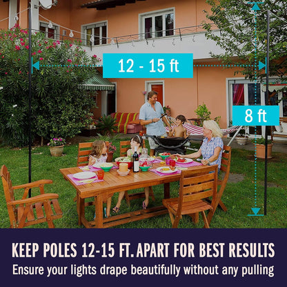 Outdoor Metal Poles w/ Hooks for Hanging String Lights | Garden Patio 8ft 2Pack
