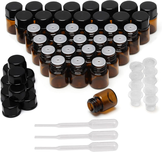 50 Pack 1ml Essential Oil Bottles Amber Glass Bottles Sample Vial with Droppers