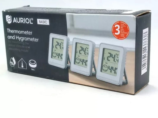(G) Auriol Thermometer & Hygrometer, 3pk, wihte, New
