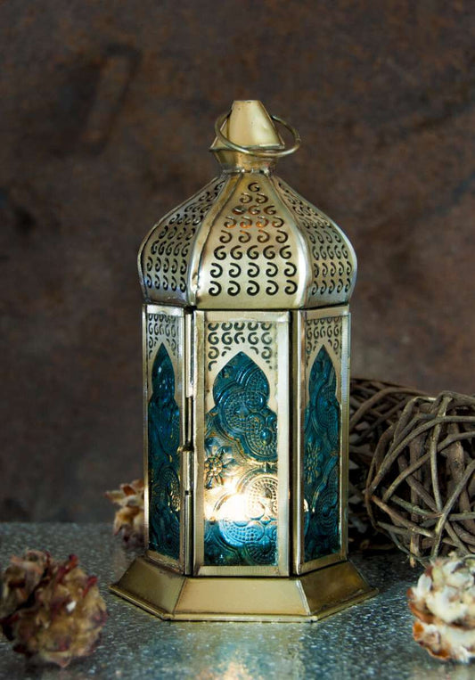 Blue Lantern Metal & Glass Candle Holder | Tea Light Oriental | Magical Moment