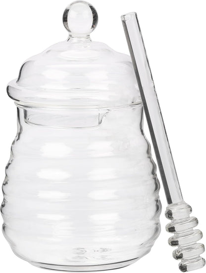 Glass Honey Jar with Dipper & Lid 400ml/14oz Pot Transparent Beehive Style