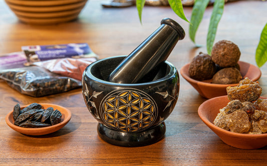 Mortar & Pestle Flower Of Life | Hand-Carved Soapstone Black & Gold Mortarium