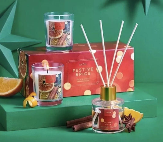 New AVON  FESTIVE SPICE Reed Diffuser & Votives set