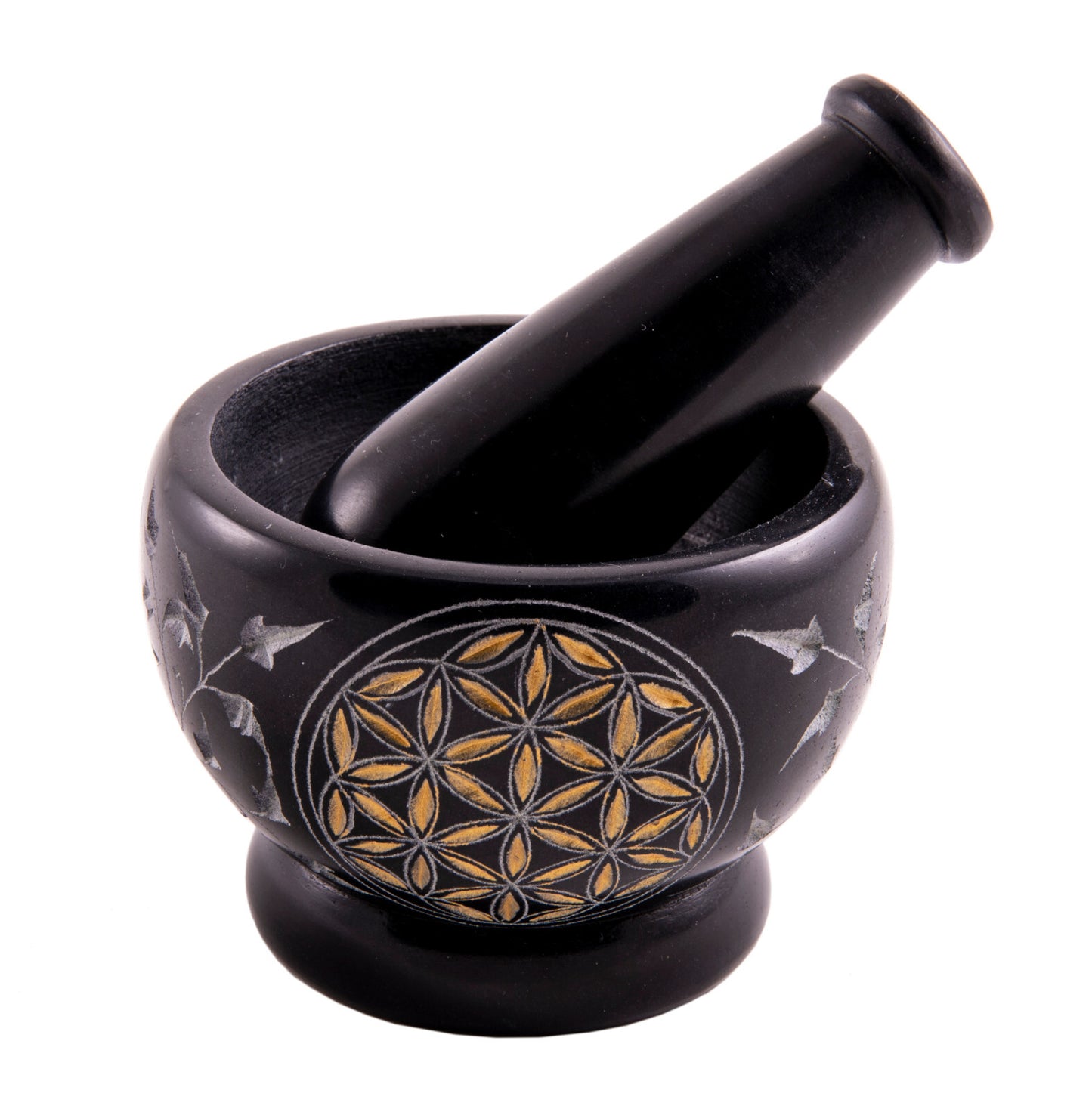 Mortar & Pestle Flower Of Life | Hand-Carved Soapstone Black & Gold Mortarium