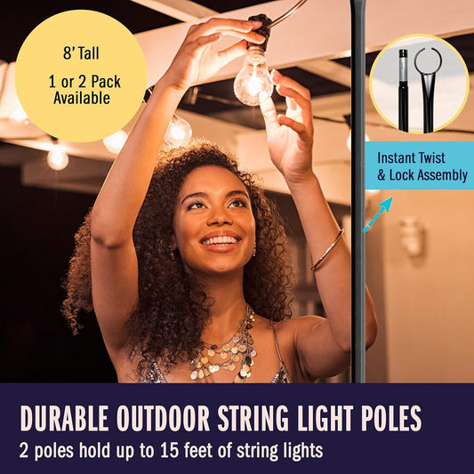 Outdoor Metal Poles w/ Hooks for Hanging String Lights | Garden Patio 8ft 2Pack