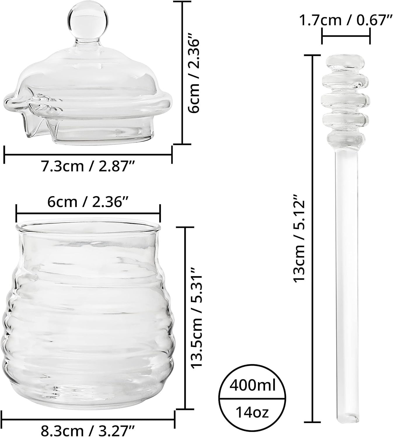 Glass Honey Jar with Dipper & Lid 400ml/14oz Pot Transparent Beehive Style
