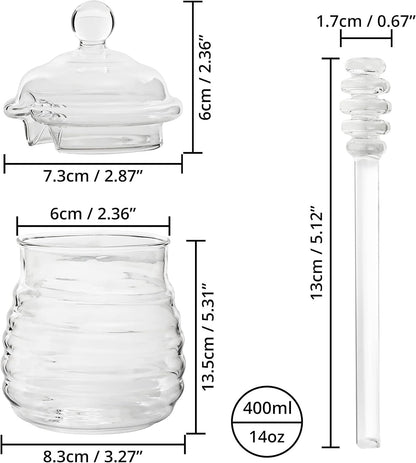 Glass Honey Jar with Dipper & Lid 400ml/14oz Pot Transparent Beehive Style