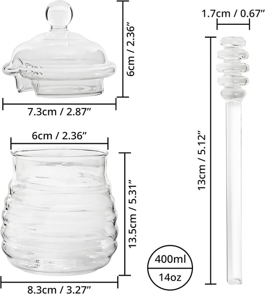 Glass Honey Jar with Dipper & Lid 400ml/14oz Pot Transparent Beehive Style