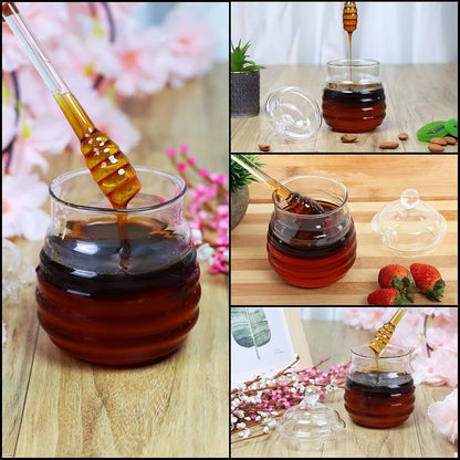 Glass Honey Jar with Dipper & Lid 400ml/14oz Pot Transparent Beehive Style