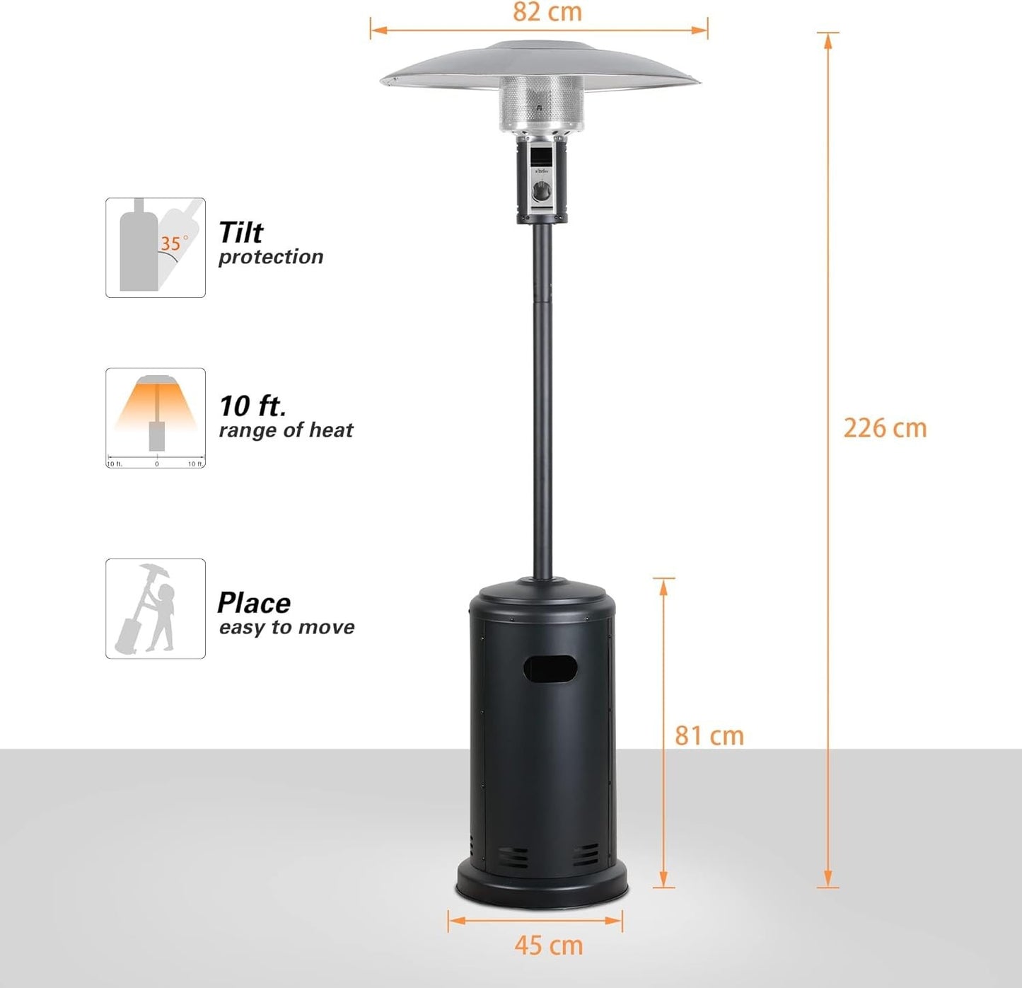 Outdoor Patio Heater 8.8KW Propane Gas Outdoor Heater Standing Wheels BIG HORN