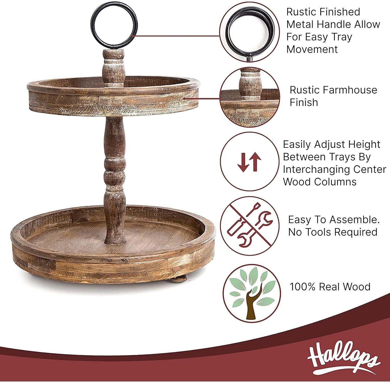 Wood 2 Tiered Tray | Rustic Farmhouse Decor | Rustic Serving Cake Stand Brown