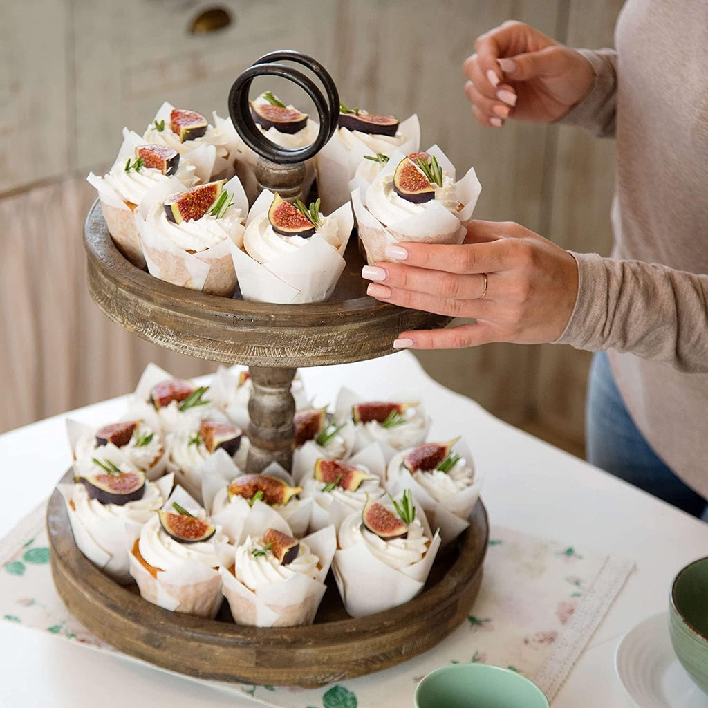 Wood 2 Tiered Tray | Rustic Farmhouse Decor | Rustic Serving Cake Stand Brown
